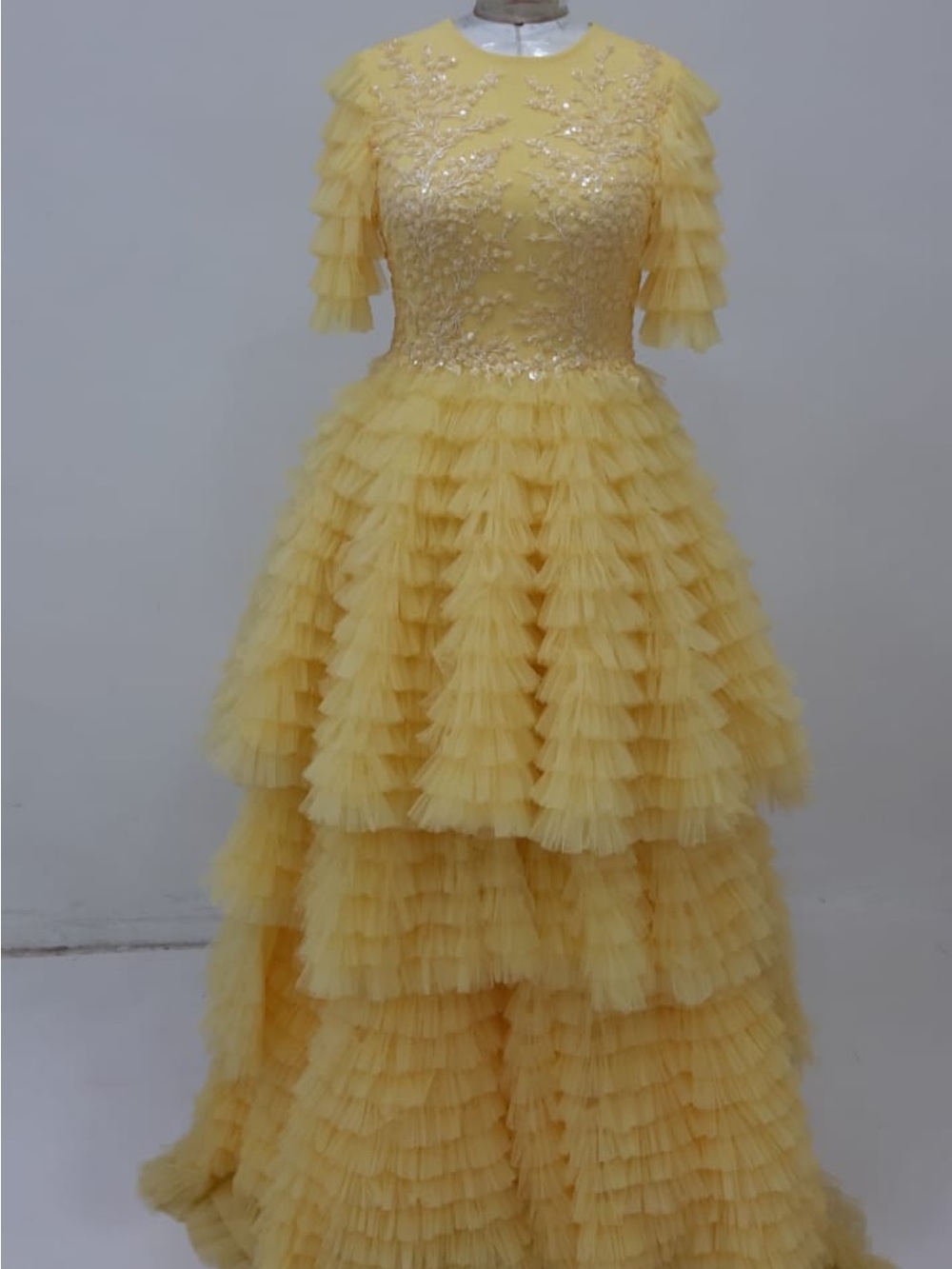 Yellow Layered Tulle with sequins magnificent gown